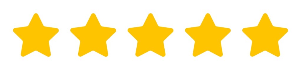 Five isolated yellow star icons of quality. Vector illustration of success. Flat design and concept of best rank and award. Review and award service. Customer review ranking.Shiny stars on background - obrazy, fototapety, plakaty