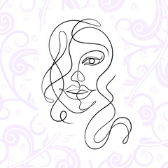 International Women's Day minimal design line drawing style. Portrait of young woman beauty face isolated on pastel leaf background. Vector for Spa, fashion, hairdressing and beautiful artwork design.