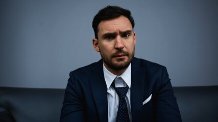 Serious businessman looing at camera in hotel