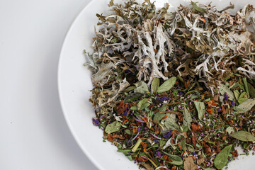 Moss tea good for health. Reindeer lichen tea. Moss tea good for health. Herbal tea.