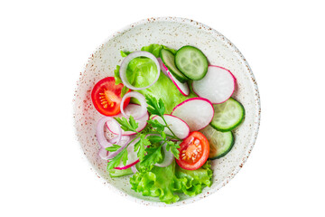 healthy vegetable salad tomato, cucumber, radish mix lettuce portion on the table meal snack copy space food background rustic image diet vegan or vegetarian food
