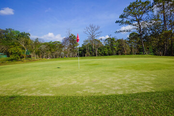 Fototapeta premium Background of evening golf course has sunlight shining down at golf course in Thailand. Nice scenery on a golf course at a late summer afternoon.