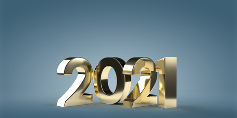 New Year goals and planning concept: Golden numbers of the calendar year 2021 are 3D rendered on grey background with smooth shadow. Illustration design in typography. Fresh start. Focus on challenge