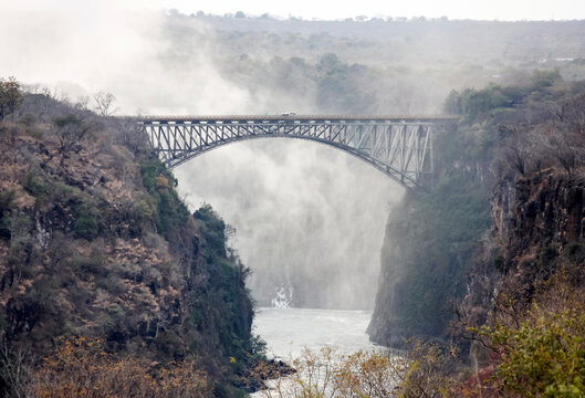 View of the bridge over the Zambezi River after Victoria Falls on the border of Zimbabwe and Zambia.
