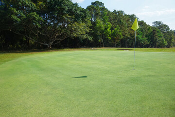Obraz premium Background of evening golf course has sunlight shining down at golf course in Thailand. Nice scenery on a golf course at a late summer afternoon.