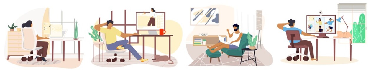 Working at home concept, Coworking space flat illustration. Young people, man and woman freelancers working at their home.