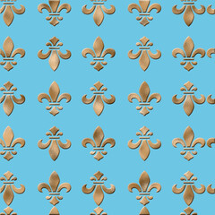 seamless golden lily fleur-de-lis pattern on turquoise blue background. Luxury design, print, poster, wallpaper, gift wrapping. 3D illustration