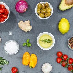 Healthy vegan food background clean eating vegetarian organic slate square