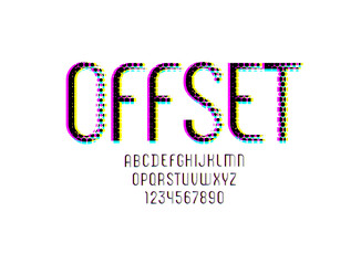 Graphic original font, alphabet with halftone effect, modern multi colored letters and numbers, vector illustration 10 EPS