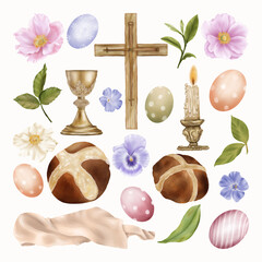 Religious Easter Clipart Cross Buns With Spring Blue Flowers
