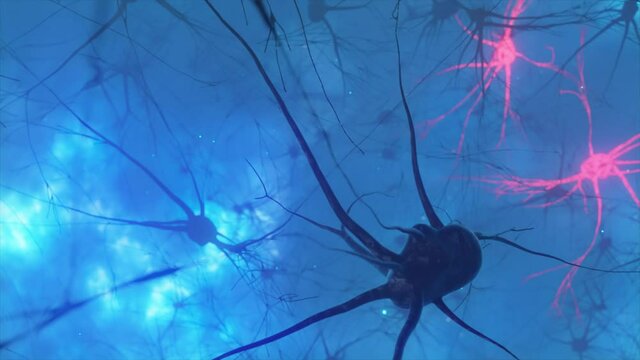 Animation of the activity of neurons and synapses. Neural connections in outer space, radioactivity, neurotransmitters, brain, axons. Electrical impulses transmitting signals. Mind concept.