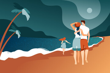 Family characters with a child stroll along the evening beach. A man and a woman walk in an embrace, a little girl runs along the wet sand. Modern flat design, relaxation by the sea.