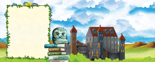Cartoon nature scene with beautiful castle and forest