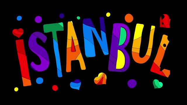 Istanbul. Multicolored bright funny cartoon tremble inscription developing on the left, with a liquid effect. Black background. Turkey Istanbul for video, advertising, news, blogs