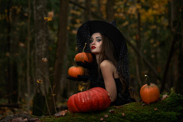 Young woman in black dress with witch hat and orange pumpkin placed around in the forest, Halloween...