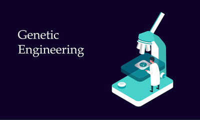 isometric laboratory and doctor with microscope, dna, genetic engineering