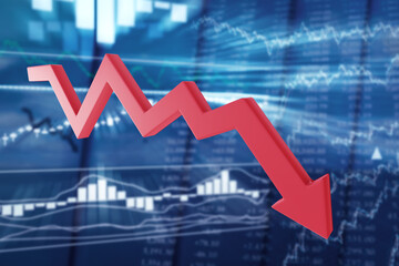 Falling red arrow on a blurred background of stock quotes. Prolonged price declines, bear market concept. 3d illustration