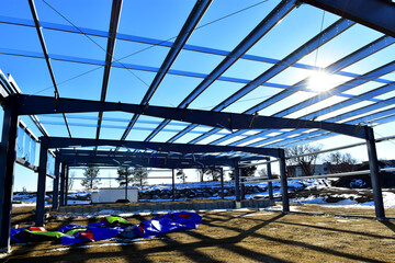 Steel framework of new commercial building under construction.