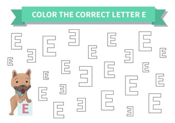 Printable game. Worksheet for kids. Exercise about letter reversals. Color the correct letter E. French bulldog, Page a4, Vector.
