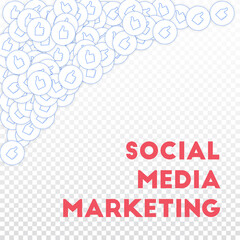 Social media icons. Social media marketing concept. Falling scattered thumbs up. Top left corner ele