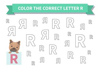 Printable game. Worksheet for kids. Exercise about letter reversals. Color the correct letter R. French bulldog, Page a4, Vector.