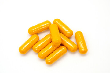 Turmeric powder capsules curcumin, Curcuma , Tumeric isolated on white background. Top view. Flat lay.