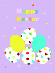 Fototapeta na wymiar Greeting card with colored eggs on a lilac background Happy easter. For printing on decorative pillows, brochures, leaflets, cups, kitchen textiles. Vector graphics.