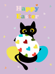 Postcard with black cute cat holding a painted egg on a lilac background
 Happy easter. For printing on decorative pillows, brochures, leaflets, cups, kitchen textiles. 