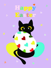 Postcard with black cute cat holding a painted egg on a lilac background
 Happy easter. For printing on decorative pillows, brochures, leaflets, cups, kitchen textiles. Vector graphics.