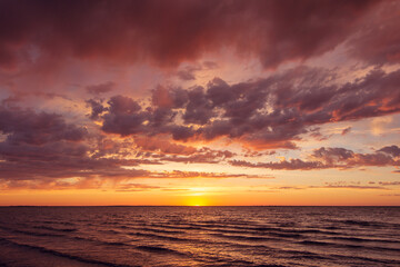 Sunrise over the salt lake Saryoba in Kazakhstan steppe.