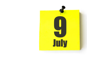 July 9th. Day 9 of month, Calendar date. Yellow sheet of the calendar. Summer month, day of the...