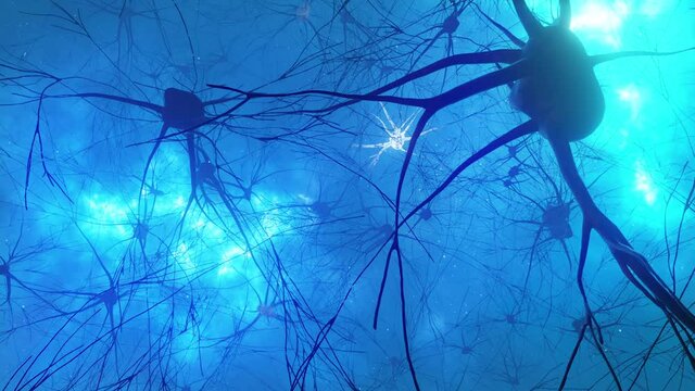 Animation of the activity of neurons and synapses. Neural connections in outer space, radioactivity, neurotransmitters, brain, axons. Electrical impulses transmitting signals. Mind concept.