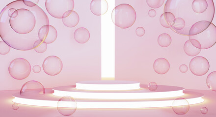 Podium or platform for product presentation against pink walls with soap bubbles around. Abstract background with geometric objects. Template, mock up, blank product stand. 3d rendering.