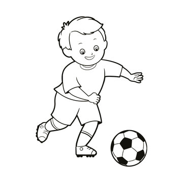 Coloring book: little boy in sports uniform of soccer player playing soccer ball.Vector illustration in cartoon style, isolated black and white line art