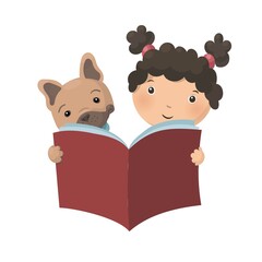 Cute cartoon girl with curly bushy hair and cute french bulldog puppy are reading a book. Vector illustration isolated on white background