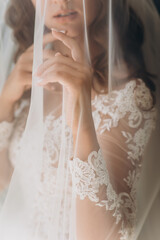 Obraz na płótnie Canvas Wedding. Young Gentle Quiet Bride in Classic White Veil Looking Away