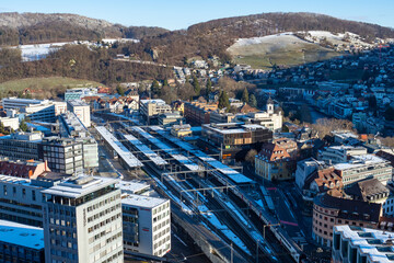 Baden, Switzerland - January 24th 2021: View from ruin Stein over the station