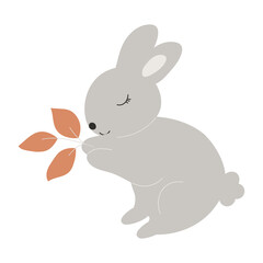 Grey Baby Bunny holds leaves in its paws. Little Rabbit. Cute Easter Animal. Hares Vector Kids Illustration isolated on background. Design for card, print, book, kids story