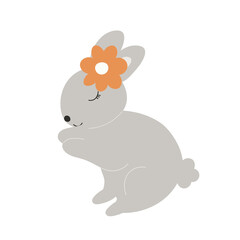 Grey Baby Bunny with a flower on head. Little Sleep Rabbit. Cute Easter Animal. Hares Vector Spring illustration isolated on background. Design for card, print, book, kids story.