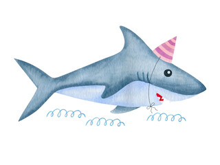 Fototapeta premium Happy birthday greeting card. Cute watercolor kids illustration with shark. Postcards, posters, textiles, kids print on clothes.