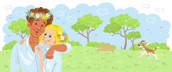 Portrait of a young happy couple of man and woman walking in a summer park with their dog. In cartoon style. Isolated on white background. Vector illustration. Couple in love.