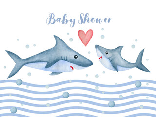 Baby shower.  Cute watercolor kids illustration with  shark. Postcards, posters, textiles, kids print on clothes.