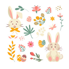 Set for Happy Easter with flowers, rabbit, eggs and flower elements