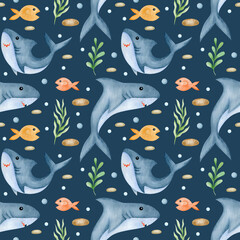 Sharks watercolor seamless pattern. Printing on clothes for children.