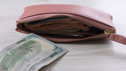 pink wallet with a hundred dollar bill and a lot of money. Finance, expenses and income concept 