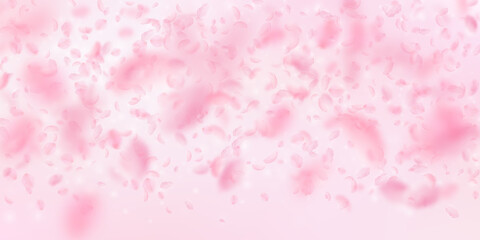Sakura petals falling down. Romantic pink flowers gradient. Flying petals on pink wide background. L