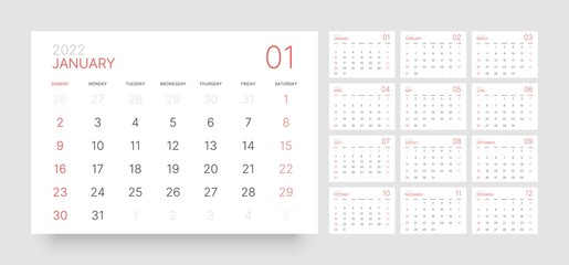 Wall or desk calendar template for 2022 with week start on Sunday.