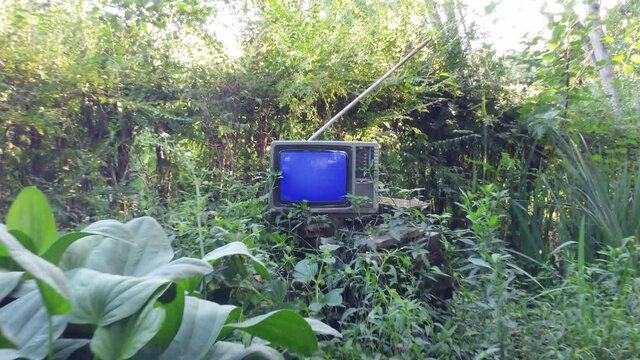 Old 80s CRT TV on the Woods With Blue Chroma key Screen.