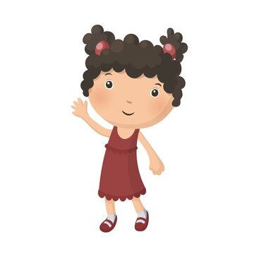 Cute pretty young curly girl in red dress isolated on white background. Vector illustration