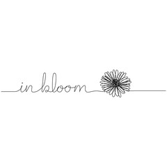 One line drawing of a flower petal and typography quote - In Bloom.